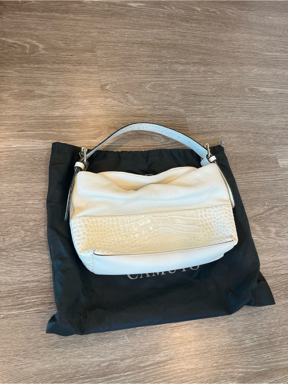 Vince Camuto Cream Leather Hobo Bag with Croc-Embossed Panel